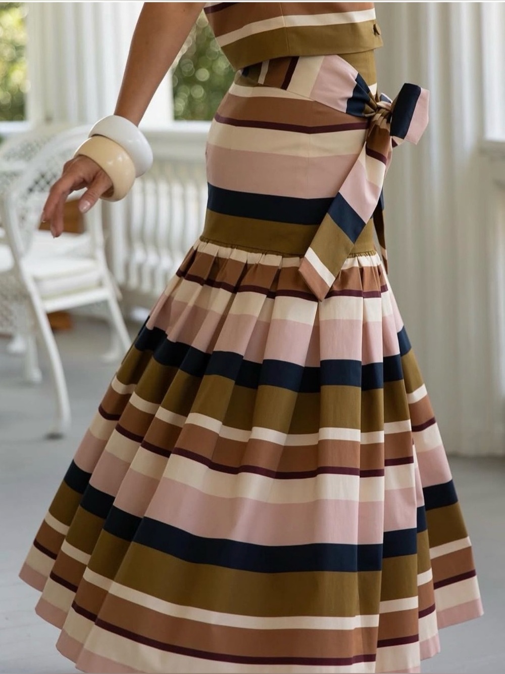 ANTONIO MELANI Striped A-Line Midi Skirt in Pink, Olive & Navy